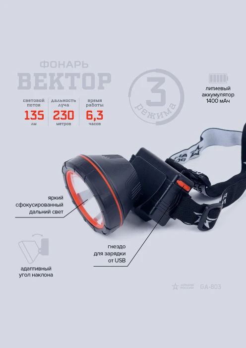 Купить фонарь «вектор» ga-803 налобный светодиодный эра «армия россии»  по выгодной цене. - изображение 7