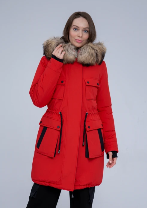 Купить куртка утепленная женская (натуральный мех енота) красная в Москве с доставкой по РФ - изображение 3