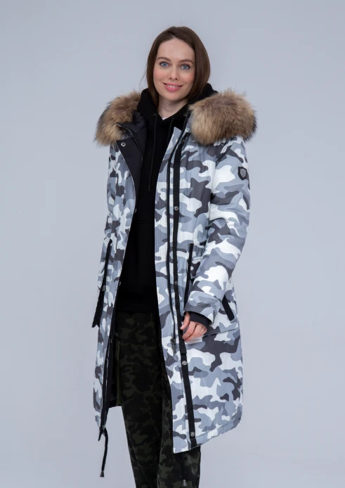 Купить куртка утепленная женская (натуральный мех енота) серый камуфляж в Москве с доставкой по РФ - изображение 4