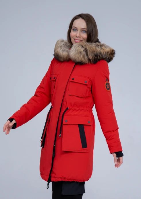 Купить куртка утепленная женская (натуральный мех енота) красная в Москве с доставкой по РФ - изображение 1