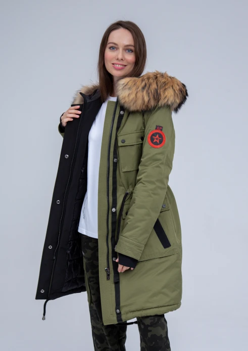 Купить куртка утепленная женская (натуральный мех енота) хаки в Москве с доставкой по РФ - изображение 6